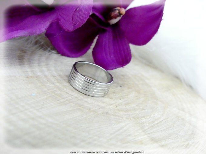 Bague anneau mixte acier inoxydable argent strié