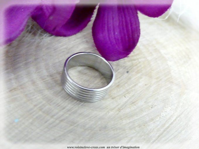 Bague anneau mixte acier inoxydable argent strié