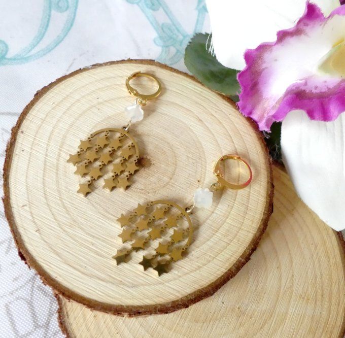 Bouclesd'oreilles acier doré stellaires et perles cristal