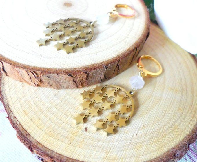 Bouclesd'oreilles acier doré stellaires et perles cristal