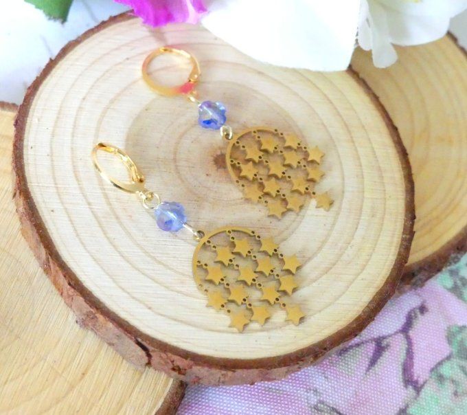 Bouclesd'oreilles acier doré stellaires et perles cristal