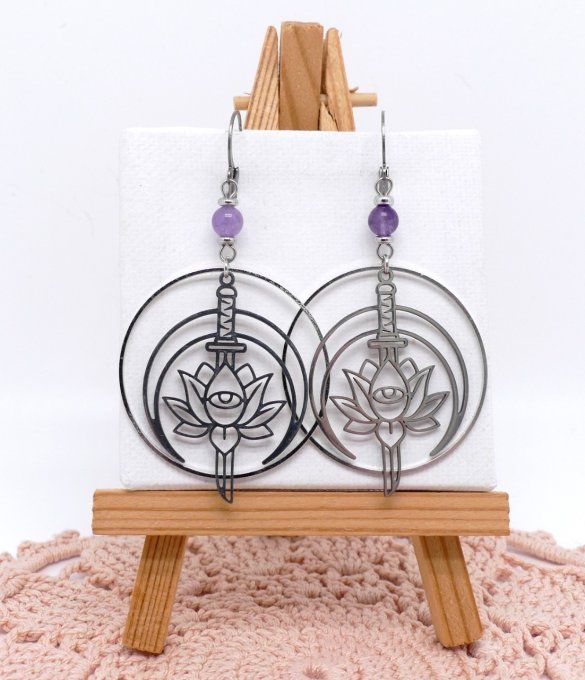 Boucles d'oreilles acier chakra et pierres gemmes