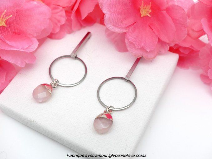 Boucles d'oreilles ethnique acier et quartz rose
