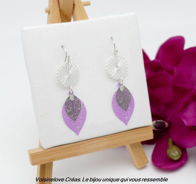 Boucles d'oreilles feuilles filigranes argenté et mauve