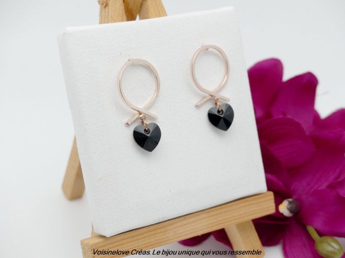 Boucles Valentina or rose et coeur swarovski jet black