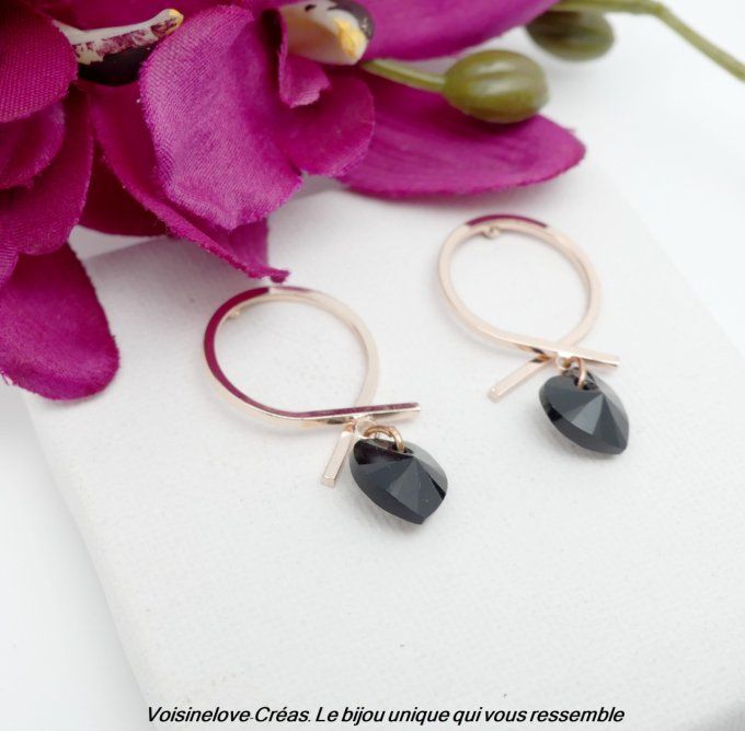 Boucles Valentina or rose et coeur swarovski jet black