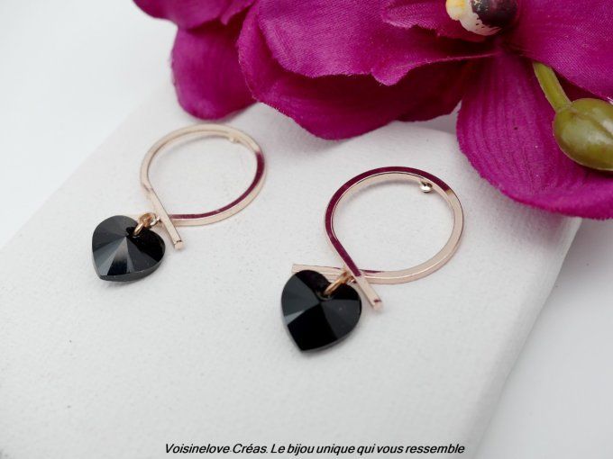 Boucles Valentina or rose et coeur swarovski jet black