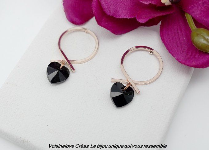 Boucles Valentina or rose et coeur swarovski jet black