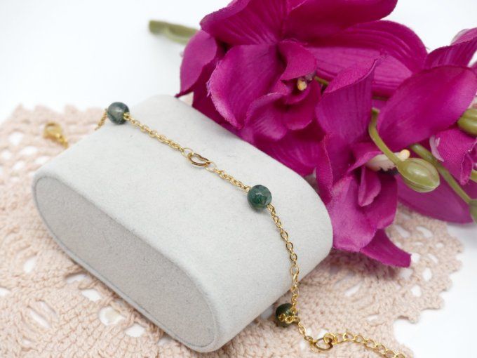 Bracelet en acier inoxydable doré et agathe mousse