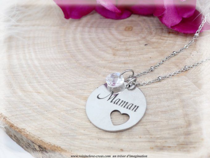 Collier Maman acier inoxydable argent et cristal blanc autrichien