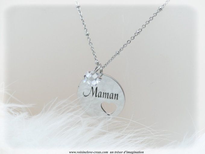 Collier Maman acier inoxydable argent et cristal blanc autrichien