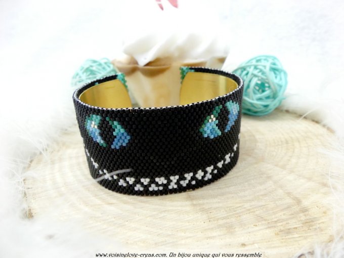 Bracelet tissé perles  miyuki chat cheshire bleu.