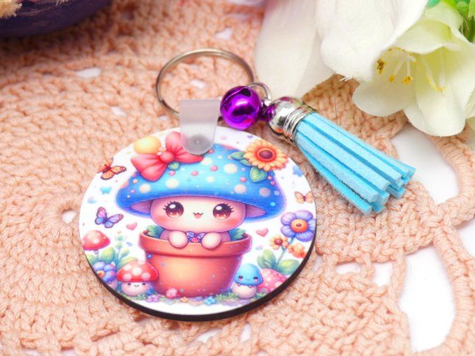 Porte clef kawaii tit champi en Mdf de ton bleu