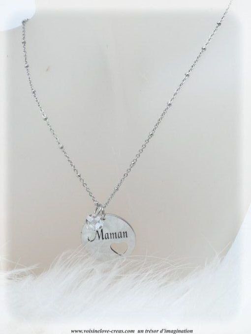 Collier Maman acier inoxydable argent et cristal blanc autrichien